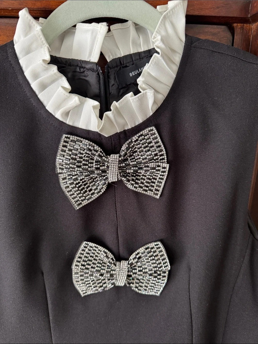 Black Cocktail Dress with White Ruffled Collar and Bow Accents - Picture 3 of 3